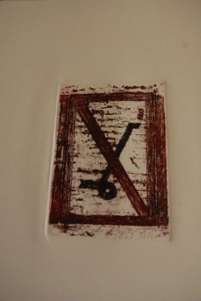 Distressed wooden sign with red X mark — mixed media print by Elisa Sassera